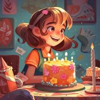 un niña es participación un pastel mientras celebrando un cumpleaños, dibujos animados ilustración con generativo ai foto