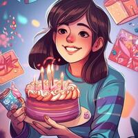 un niña es participación un pastel mientras celebrando un cumpleaños, dibujos animados ilustración con generativo ai foto