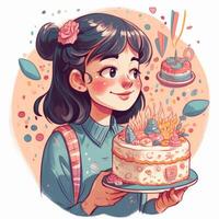 un niña es participación un pastel mientras celebrando un cumpleaños, dibujos animados ilustración con generativo ai foto