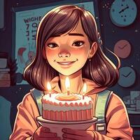 un niña es participación un pastel mientras celebrando un cumpleaños, dibujos animados ilustración con generativo ai foto