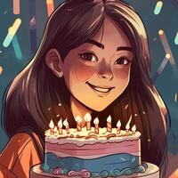 un niña es participación un pastel mientras celebrando un cumpleaños, dibujos animados ilustración con generativo ai foto
