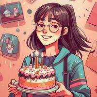 un niña es participación un pastel mientras celebrando un cumpleaños, dibujos animados ilustración con generativo ai foto