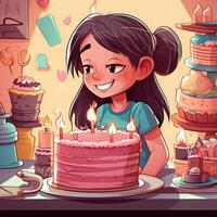 un niña es participación un pastel mientras celebrando un cumpleaños, dibujos animados ilustración con generativo ai foto