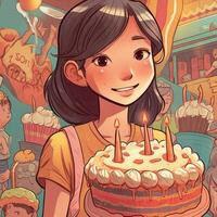 un niña es participación un pastel mientras celebrando un cumpleaños, dibujos animados ilustración con generativo ai foto