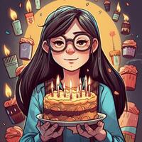 un niña es participación un pastel mientras celebrando un cumpleaños, dibujos animados ilustración con generativo ai foto