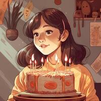 un niña es participación un pastel mientras celebrando un cumpleaños, dibujos animados ilustración con generativo ai foto