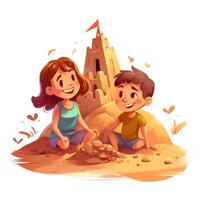 Two children play in the sand castle, cartoon illustration with photo