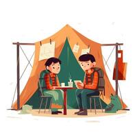 niños con un acampar silla y carpa, dibujos animados ilustración con generativo ai foto