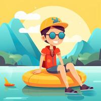 Boy enjoying summer holiday, cartoon illustration with photo