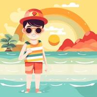 Boy enjoying summer holiday, cartoon illustration with photo