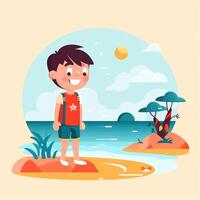 Boy enjoying summer holiday, cartoon illustration with photo