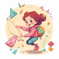 Little girl running flying kite, cartoon illustration with photo