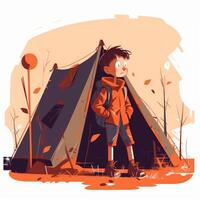 Children with a camp chair and tent, cartoon illustration with photo