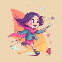 Little girl running flying kite, cartoon illustration with photo