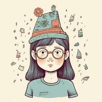 A child with glasses and a hat is celebrating her birthday, cartoon illustration with photo