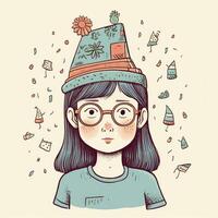 un niño con lentes y un sombrero es celebrando su cumpleaños, dibujos animados ilustración con generativo ai foto