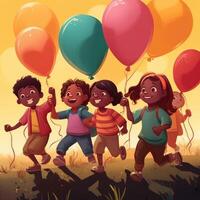 dos niños participación globos caminando, dibujos animados ilustración con generativo ai foto