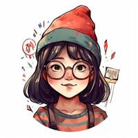 A child with glasses and a hat is celebrating her birthday, cartoon illustration with photo