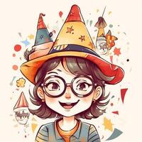 A child with glasses and a hat is celebrating her birthday, cartoon illustration with photo