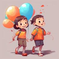 Two children holding balloons walking, cartoon illustration with photo