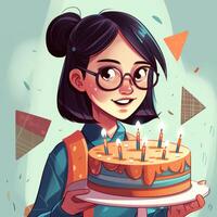 un niña es participación un pastel mientras celebrando un cumpleaños, dibujos animados ilustración con generativo ai foto