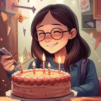 un niña es participación un pastel mientras celebrando un cumpleaños, dibujos animados ilustración con generativo ai foto