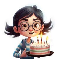 A girl is holding a cake while celebrating a birthday, cartoon illustration with photo