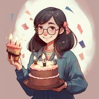 A girl is holding a cake while celebrating a birthday, cartoon illustration with photo