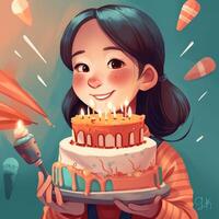 un niña es participación un pastel mientras celebrando un cumpleaños, dibujos animados ilustración con generativo ai foto