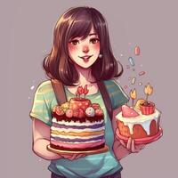 A girl is holding a cake while celebrating a birthday, cartoon illustration with photo