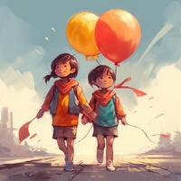 Two children holding balloons walking, cartoon illustration with photo