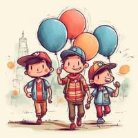 Two children holding balloons walking, cartoon illustration with photo