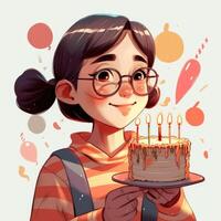 un niña es participación un pastel mientras celebrando un cumpleaños, dibujos animados ilustración con generativo ai foto