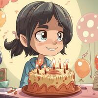 un niña es participación un pastel mientras celebrando un cumpleaños, dibujos animados ilustración con generativo ai foto