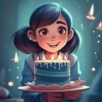un niña es participación un pastel mientras celebrando un cumpleaños, dibujos animados ilustración con generativo ai foto
