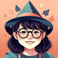 A child with glasses and a hat is celebrating her birthday, cartoon illustration with photo