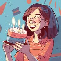 un niña es participación un pastel mientras celebrando un cumpleaños, dibujos animados ilustración con generativo ai foto