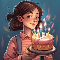 un niña es participación un pastel mientras celebrando un cumpleaños, dibujos animados ilustración con generativo ai foto