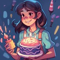 un niña es participación un pastel mientras celebrando un cumpleaños, dibujos animados ilustración con generativo ai foto