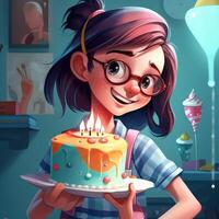 A girl is holding a cake while celebrating a birthday, cartoon illustration with photo