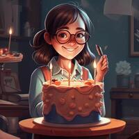 un niña es participación un pastel mientras celebrando un cumpleaños, dibujos animados ilustración con generativo ai foto