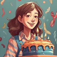 un niña es participación un pastel mientras celebrando un cumpleaños, dibujos animados ilustración con generativo ai foto