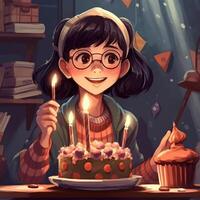 A girl is holding a cake while celebrating a birthday, cartoon illustration with photo