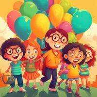 dos niños participación globos caminando, dibujos animados ilustración con generativo ai foto