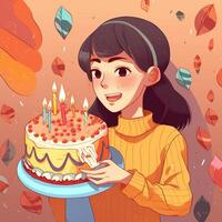 un niña es participación un pastel mientras celebrando un cumpleaños, dibujos animados ilustración con generativo ai foto