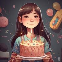 un niña es participación un pastel mientras celebrando un cumpleaños, dibujos animados ilustración con generativo ai foto