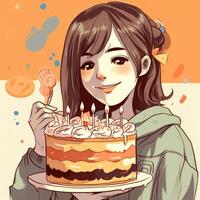 un niña es participación un pastel mientras celebrando un cumpleaños, dibujos animados ilustración con generativo ai foto