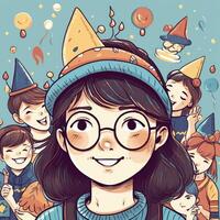 A child with glasses and a hat is celebrating her birthday, cartoon illustration with photo