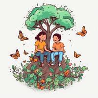 Two kids playing around the tree, cartoon illustration with photo