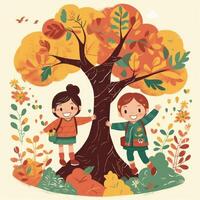 Two kids playing around the tree, cartoon illustration with photo